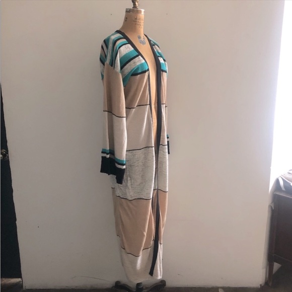 Free people] Linen Tan Black Jade Strips Maxi loose fit sweater kimono Duster - Picture 4 of 9
